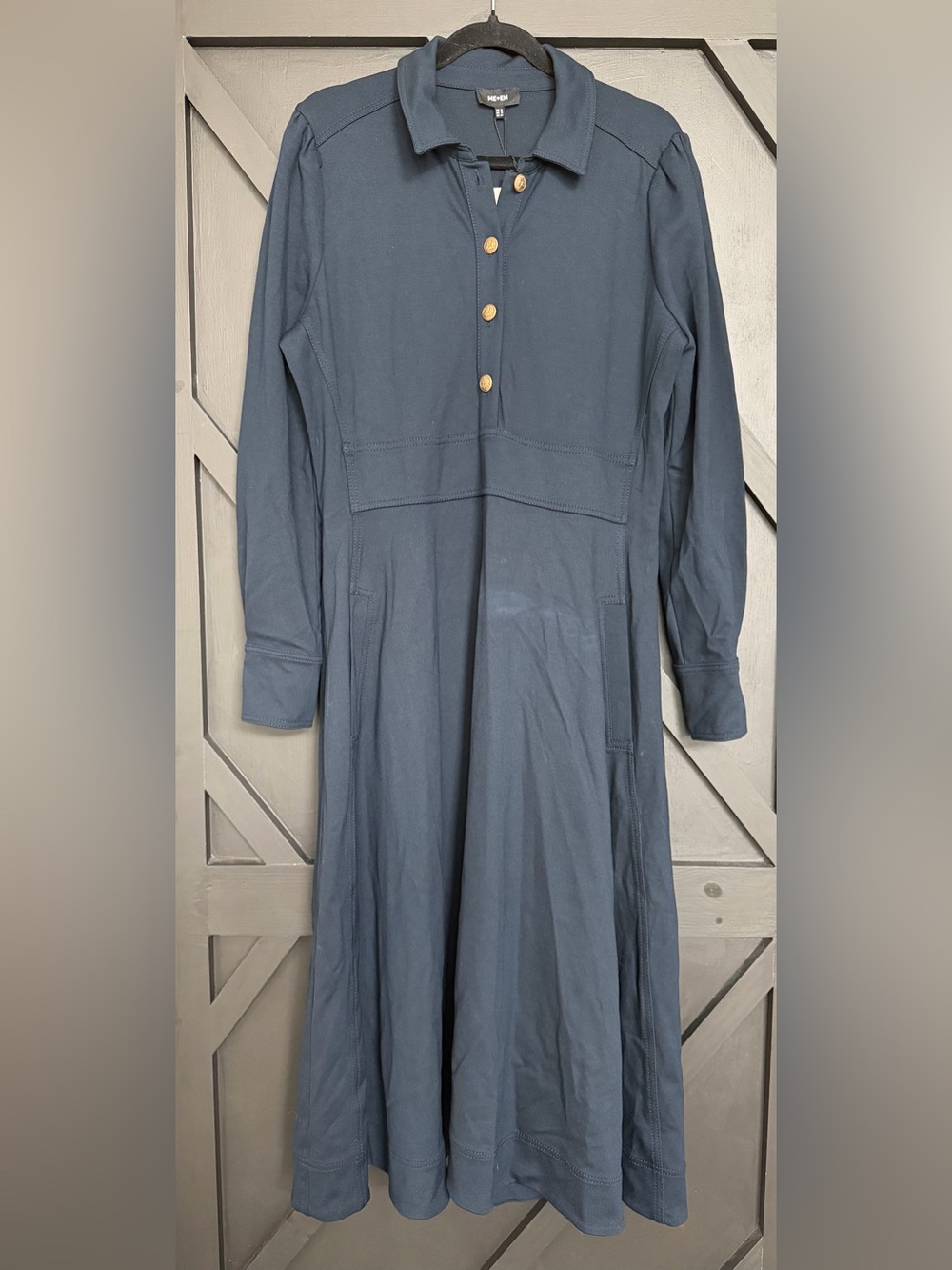 ME+EM Ponte Fit + Flare Midi Dress in Navy with Gold Buttons, Size US 12 - Picture 3 of 10
